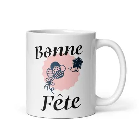 Mug "Bonne Fête" Fond Rose | Cadeau Festif Ballons Bleus